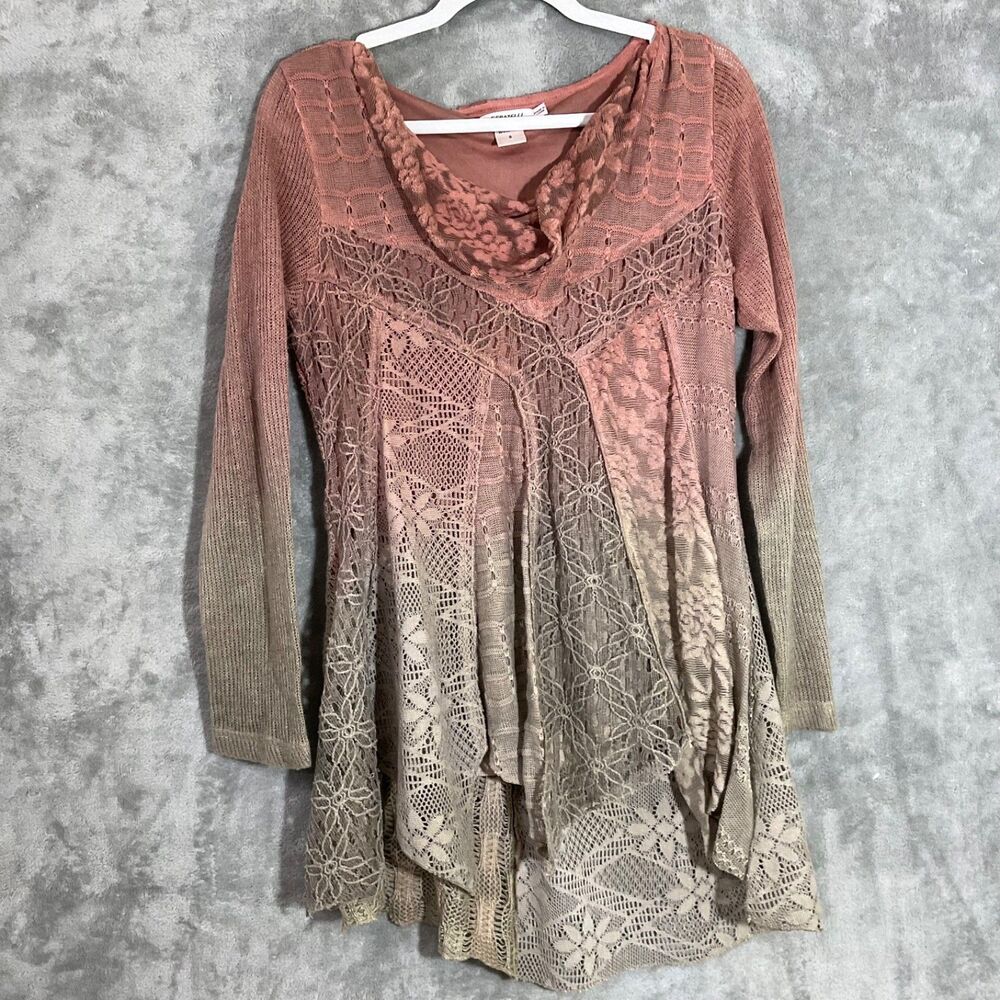 Feratelli crochet cowl Neck Long Sleeve Tunic Top Size S ombré layered Long slv.